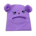 Passamontagna viola lavorato a maglia per bambini con pompon e ricamo a gatto - Taglia unica / Viola