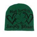 Berretto in maglia verde con scritta Lucky e motivo a quadrifoglio per calore invernale - Taglia unica / Stile con Motivo Simply Blessed / Verde