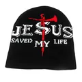 Black knitted beanie with white JESUS SAVED MY LIFE text and a red cross symbol - One Size / Black