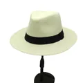 Detail of a breathable straw panama hat in cream with black ribbon and display stand - Milky White