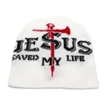White knitted beanie with Jesus Saved My Life text and red cross nail embroidery - One Size / White