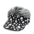 Skull print baseball cap with grey synthetic wig hair for Halloween cosplay - Grey Wig Skull Print