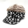 Skull print visor baseball cap with light brown wig hair for Halloween costume - Light Brown Wig Skull Print