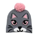 Grey knitted cat hat for girls with pink pompom and cute kitten jacquard pattern - One Size / Gray