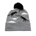 Bonnet en tricot gris pour garçon avec motif dinosaure jacquard et pompon noir doux - Gris