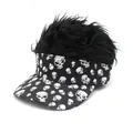 Close-up of hip hop baseball cap with black wig and white skull prints for Halloween - Black Wig Skull Print