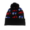 Dettaglio del berretto in maglia per bambini con motivi di escavatori e pompon nero morbido - 48-52cm / Nero