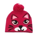 Close-up of rose red knit hat featuring cat pattern and a fluffy pom-pom detail - One Size / Rose Red