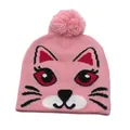 Detail of pink knitted cat hat featuring a soft pom-pom and cute jacquard kitty face - One Size / Pink