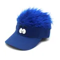 Funny blue baseball cap with synthetic wig hair and cartoon eyes for festive outings - Adjustable / Cartoon Monster Style (Blue)