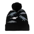 Détail du bonnet en tricot noir avec motifs de dinosaures et un pompon sur le dessus - Noir