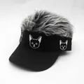 Black visor baseball cap with silver grey hair wig and cat embroidery for sun protection - Adjustable / Black (Grey Wig)