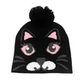Bonnet en tricot noir pour fille avec motif chat mignon et grand pompon pour l'hiver - Taille unique / Noir