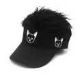 Creative black sun visor baseball cap with faux hair wig and cute cat embroidery - Adjustable / Black (Black Wig)