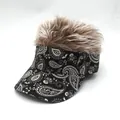 Vintage paisley print baseball cap with brown synthetic hair wig attachment on white background - Adjustable / Brown Wig