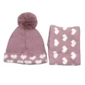 Rosa Herz-Strickset für Kinder mit Mütze und Schal für den Winter mit Kunstfellbommel - Mütze Schal Set / Lila Rosa