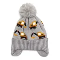 Bonnet en tricot gris pour enfants avec motifs de pelleteuse, protège-oreilles et pompon - Taille unique (3-12 ans) / Gris