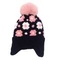 Berretto in maglia blu scuro per bambine con fiori e pompon in ecopelliccia - Taglia unica / Blu scuro