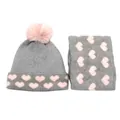 Detail von grauem Strickmützen- und Schal-Set mit rosa Herzmuster und Kunstfellbommel - Mütze Schal Set / Grau