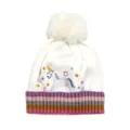 Winter knit child hat with unicorn embroidery, fleece lining, and a white fluffy pompom - White