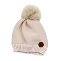 Detailed view of baby knit hat with faux fur pom-pom and cute bear leather patch - One Size / Off White