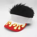 Close-up of flame embroidery on visor brim with unique spiky black wig top styling - Adjustable / White Style (Black Wig)