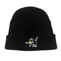 Berretto in maglia nera con ricamo gatto dei cartoni animati e coltello per l'inverno - Taglia unica / Ricamo Gatto (Stile 1)