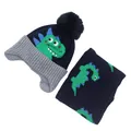 Kids navy knit hat and scarf set with green dinosaur jacquard and gray ribbed trim - One Size (3-12 Years) / Dark Blue