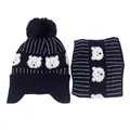 Set berretto e sciarpa in maglia per bambini con motivo orso e pompon blu scuro - Taglia unica / Blu scuro