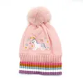 Pink knit child beanie with unicorn embroidery and colorful stripes with pom-pom - Pink