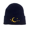 Navy blue knitted beanie with yellow moon and star embroidery on the fold-up cuff - Navy Blue