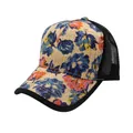 Detail of floral woven straw baseball cap with breathable black mesh and curved brim - Adjustable / Tropical Floral (Style 1)