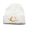 White knit beanie with gold moon and stars embroidery, thick cuffed winter warm hat - White
