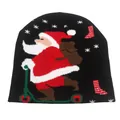 Bonnet de Noël tricoté noir avec Père Noël sur trottinette et motifs de flocons - Style 1: Noir Père Noël Sur Trottinette