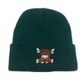 Berretto in maglia a coste verde scuro con ricamo di mucca delle Highlands sul risvolto - Taglia unica / Verde Scuro