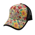 Floral print straw-textured baseball cap with black mesh back and retro pattern - Adjustable / Vintage Multi-color Floral (Style 2)
