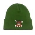 Berretto in maglia verde scuro con ricamo mucca Highland, caldo cappello invernale unisex - Taglia unica / Verde Militare