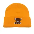 Detailed embroidery of a highland cow on an orange knitted winter beanie hat - One Size / Orange