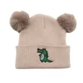 Beige gebreide muts voor baby's met krokodillenborduurwerk en zachte pompons voor winter - Eén maat / Beige