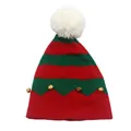 Detail of knit Christmas hat featuring red stripes, green zigzag trim, and gold bells - One Size / Red And Green Striped With Bells Style