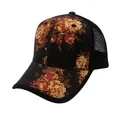 Detailed macro view of the floral print straw fabric and breathable black mesh on the cap - Adjustable / Yellow Orange Red Floral (Style 4)