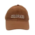 Detailed view of white Colorado letter embroidery on a brown cotton canvas baseball cap - Adjustable / Caramel color