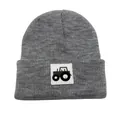 Gray knitted beanie for kids with green tractor patch and warm ear protection - One Size (1-4 Years) / Gray