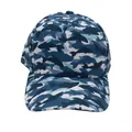 Close-up of kids baseball cap featuring blue shark camouflage patterns and durable fabric - Adjustable [48-54cm] / Navy Silhouette Camo (Pattern 8)