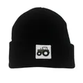 Kids warm knit beanie with tractor patch and ribbed design for winter protection - One Size (1-4 Years) / Black