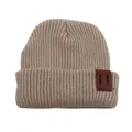 Dettaglio della trama a coste e della toppa in pelle marrone sul berretto beige - Taglia Unica (1-4 Anni) / Beige
