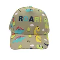 Detail view of khaki cotton kids baseball cap with colorful cartoon dinosaur print and ROAR text - Adjustable [48-54cm] / Khaki Dinosaur ROAR (Pattern 12)