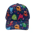Detail view of navy blue kids baseball cap featuring vibrant cartoon monster prints - Adjustable [48-54cm] / Navy Cartoon Monsters (Pattern 16)