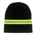 Bonnet en tricot noir réfléchissant avec bandes jaune fluo pour sécurité nocturne - Taille unique / Noir