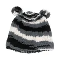 Detailed view of striped crochet beanie with cute bear ears and soft velvet texture - One Size / Black, White & Gray Stripes